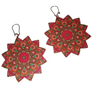 Floral Mandala Statement Earrings Bohemian Round Wood Pink Orange Green Flower